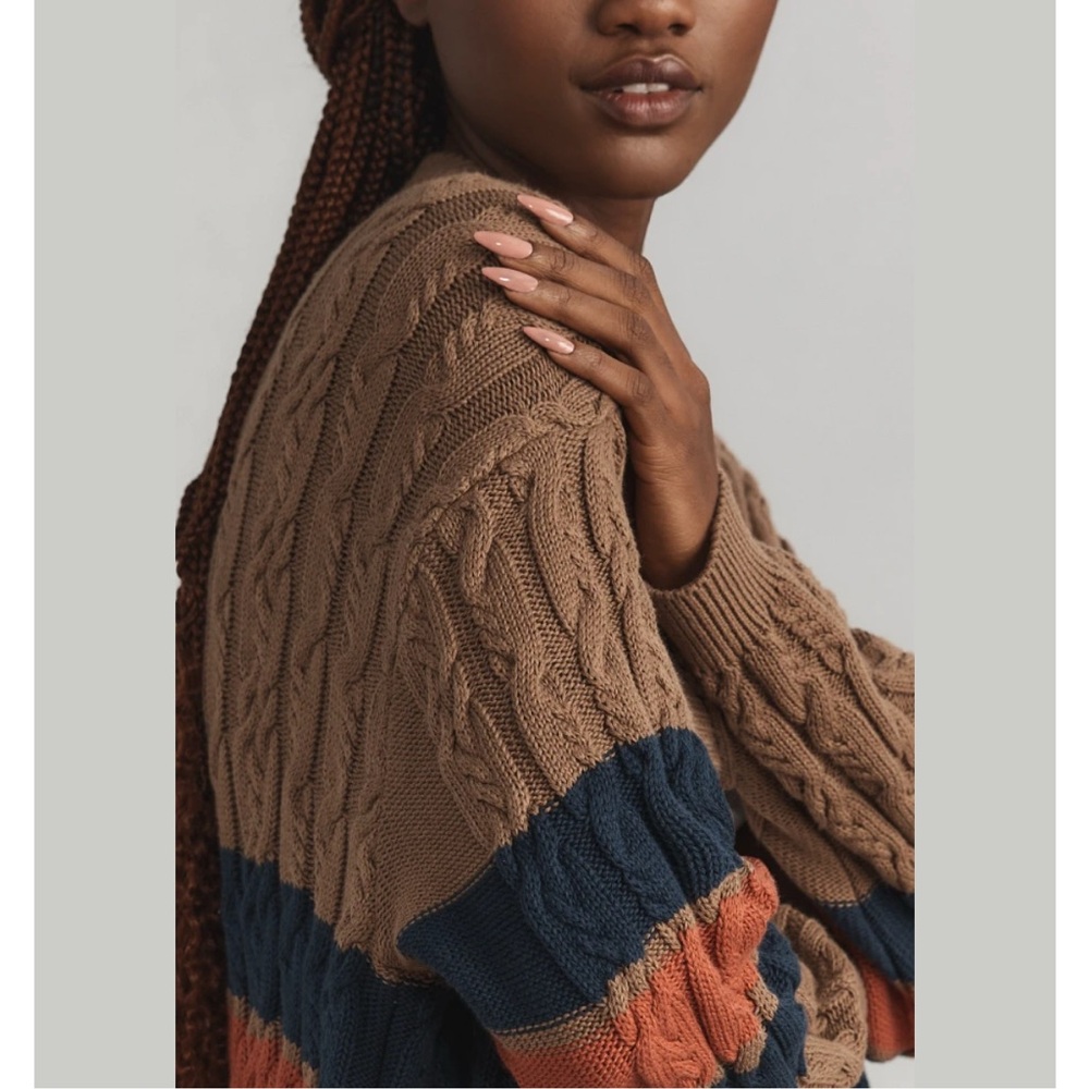 Conditions Apply Stripe Cable Cardigan Knit Sweater Brown Anthropologie S M - Picture 2 of 7